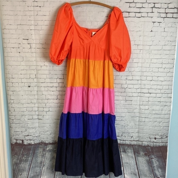 ANTHROPOLOGIE Farm Rio Tiered Colorblocked Maxi Dress XXS Petite Maximalist Boho - Picture 6 of 16